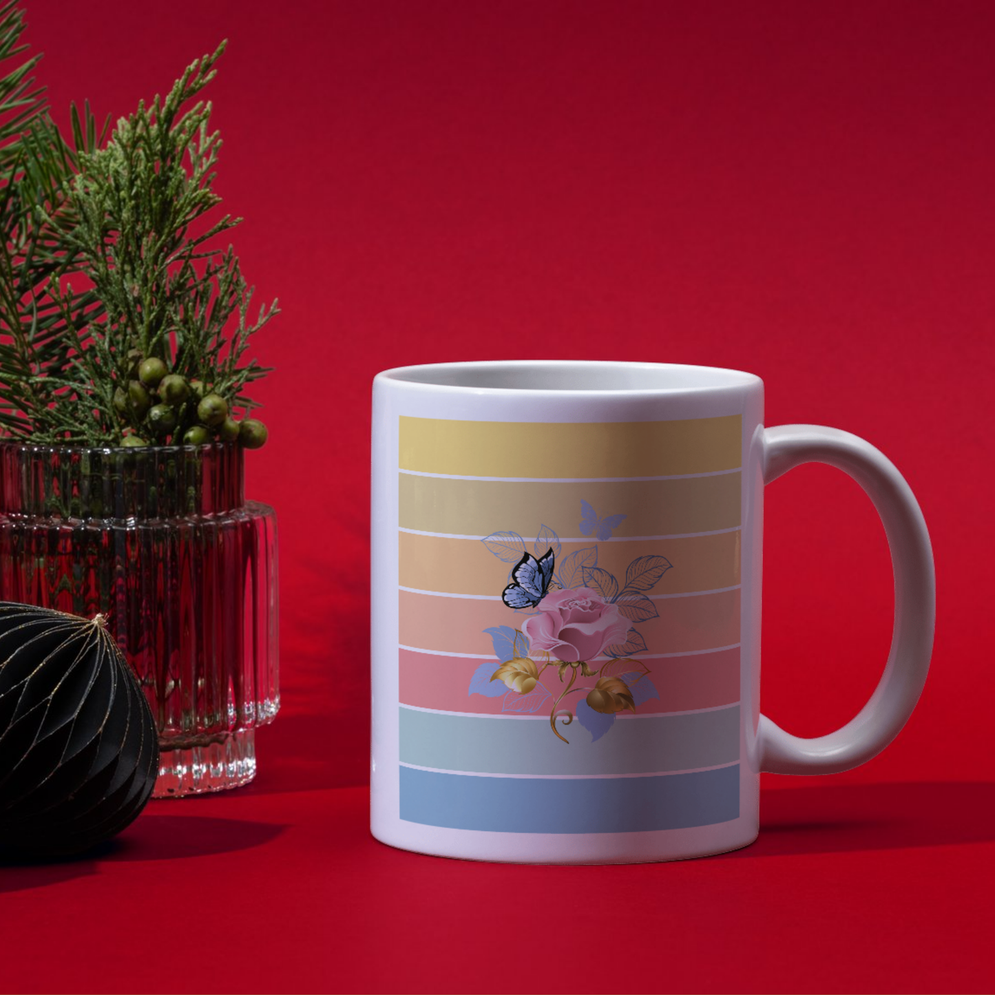 White Ceramic Mug with Color Bar Design | Floral Rose & Butterfly Rustic Art Coffee Cup