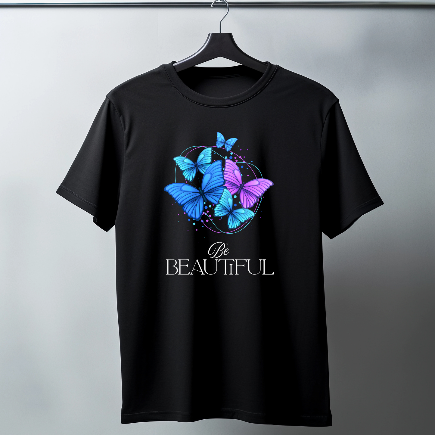Be Beautiful Butterfly Graphic Cotton T-Shirt – Vibrant Blue & Purple (Dark)