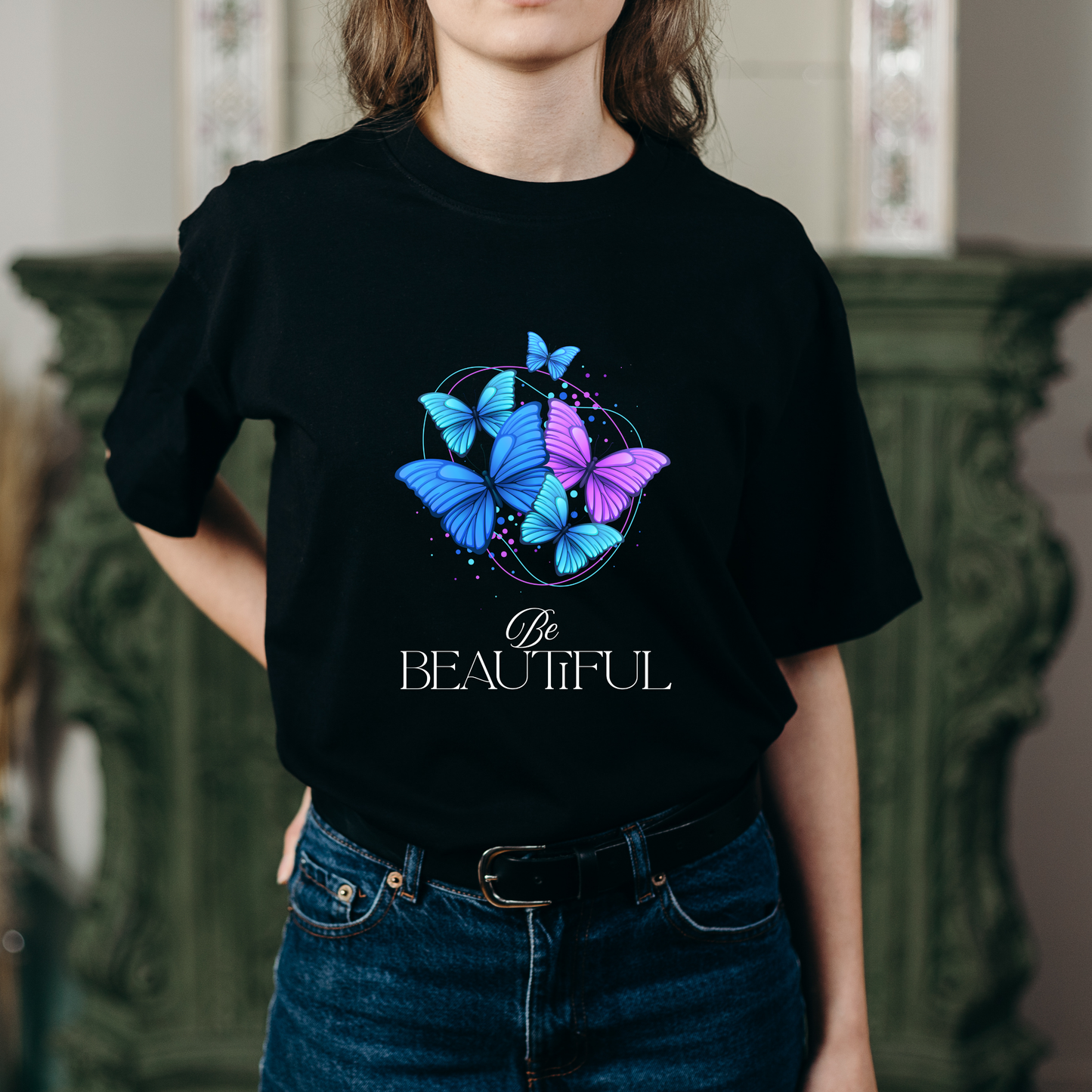 Be Beautiful Butterfly Graphic Cotton T-Shirt – Vibrant Blue & Purple (Dark)