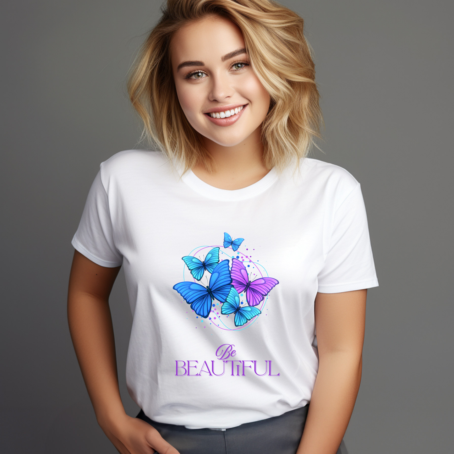 Be Beautiful Butterfly Graphic T-Shirt – Vibrant Blue & Purple (Light)