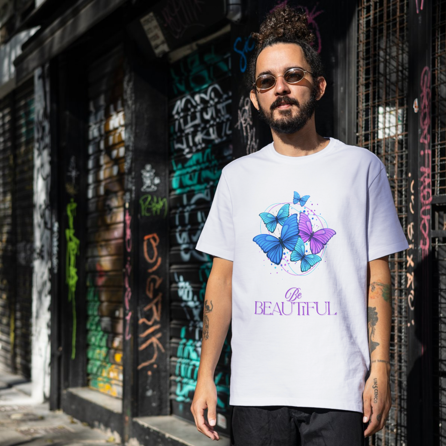 Be Beautiful Butterfly Graphic T-Shirt – Vibrant Blue & Purple (Light)