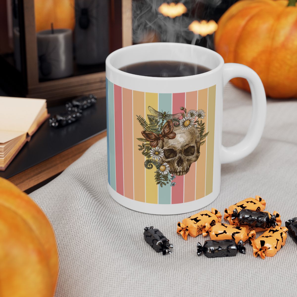 Floral Skull & Butterfly White Ceramic Mug – Vintage Boho Gothic Design