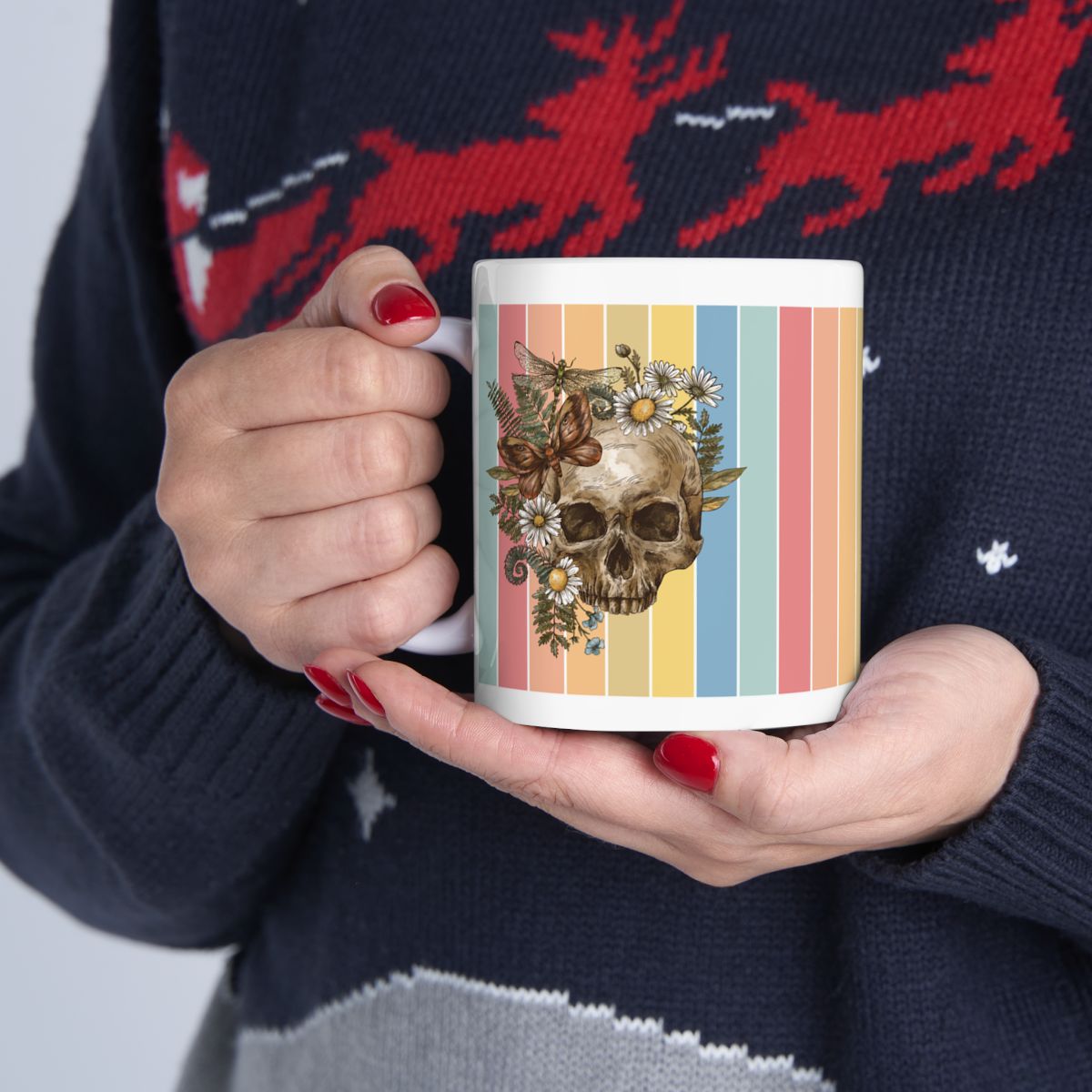 Floral Skull & Butterfly White Ceramic Mug – Vintage Boho Gothic Design