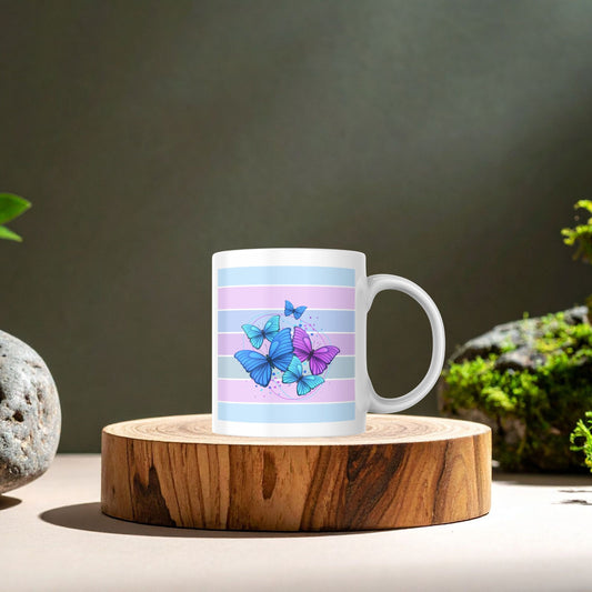 White Ceramic Mug with Blue & Purple Butterfly Design | Color Bar Coffee Cup for Nature & Art Lovers