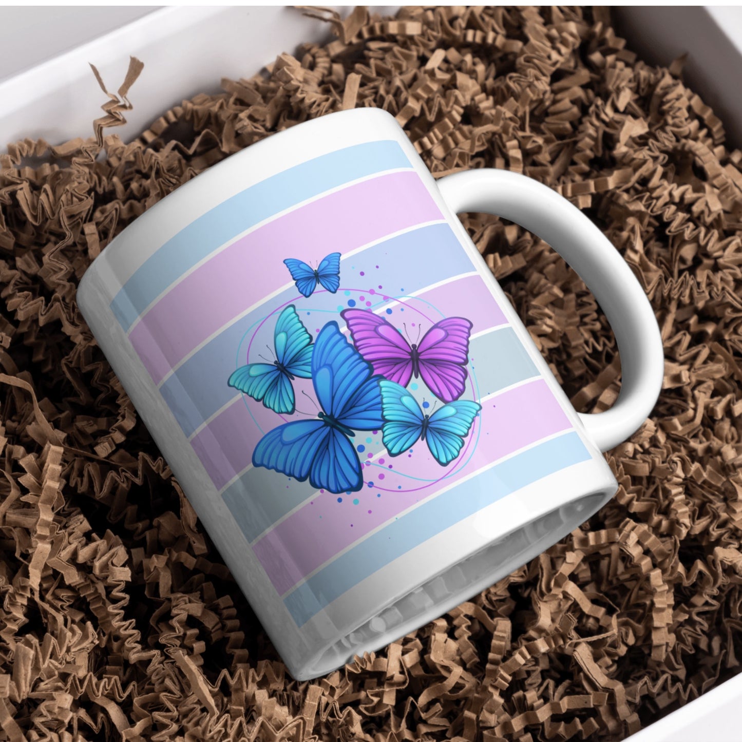 White Ceramic Mug with Blue & Purple Butterfly Design | Color Bar Coffee Cup for Nature & Art Lovers