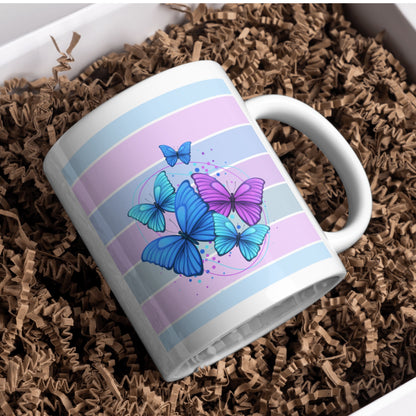 White Ceramic Mug with Blue & Purple Butterfly Design | Color Bar Coffee Cup for Nature & Art Lovers