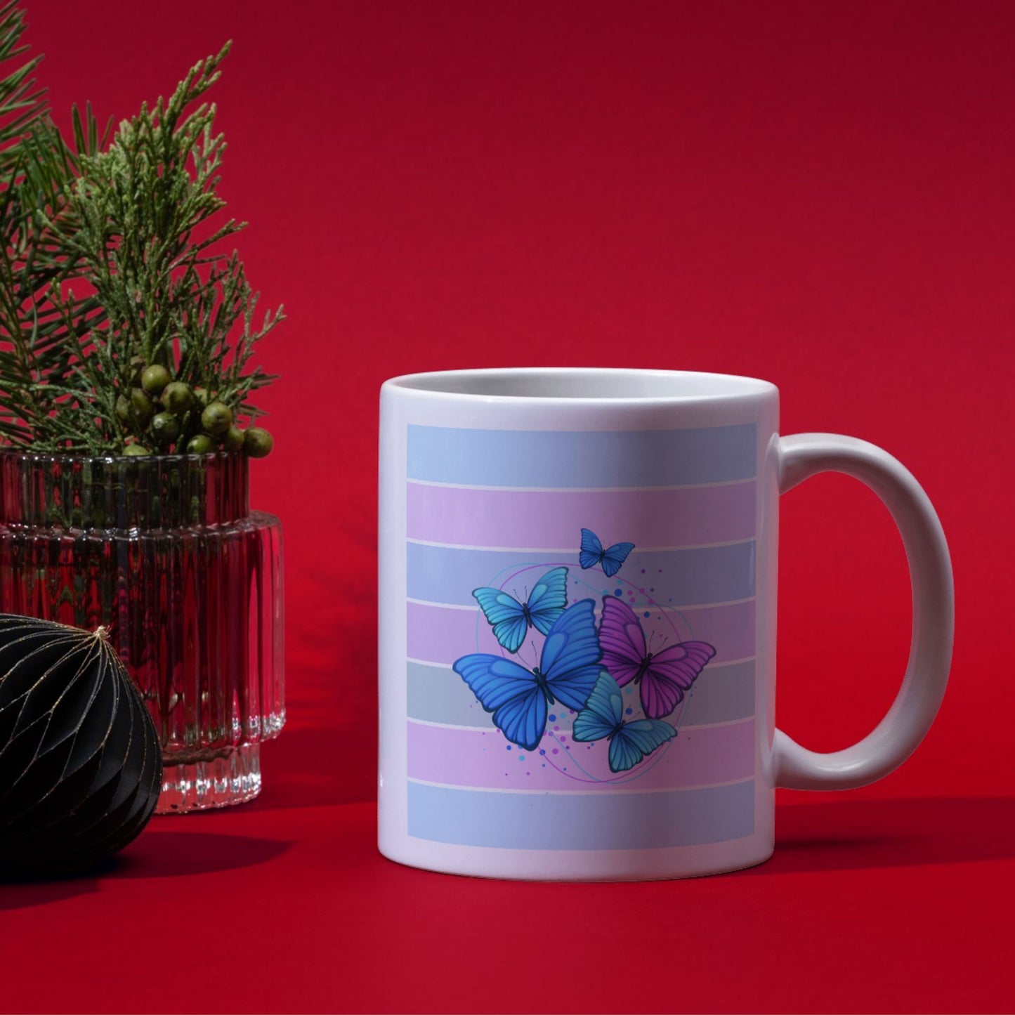 White Ceramic Mug with Blue & Purple Butterfly Design | Color Bar Coffee Cup for Nature & Art Lovers