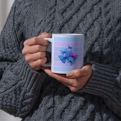 White Ceramic Mug with Blue & Purple Butterfly Design | Color Bar Coffee Cup for Nature & Art Lovers