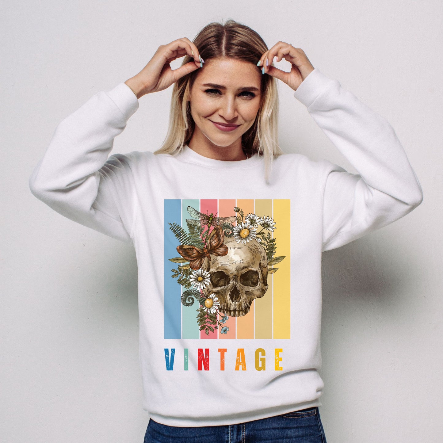 Vintage Skull & Butterfly Sweatshirt – Retro Aesthetic Floral Unisex Crewneck