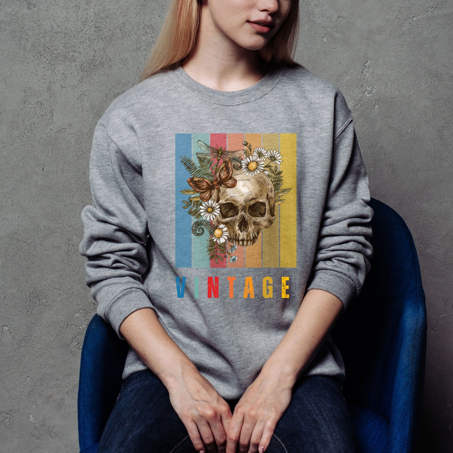 Vintage Skull & Butterfly Sweatshirt – Retro Aesthetic Floral Unisex Crewneck