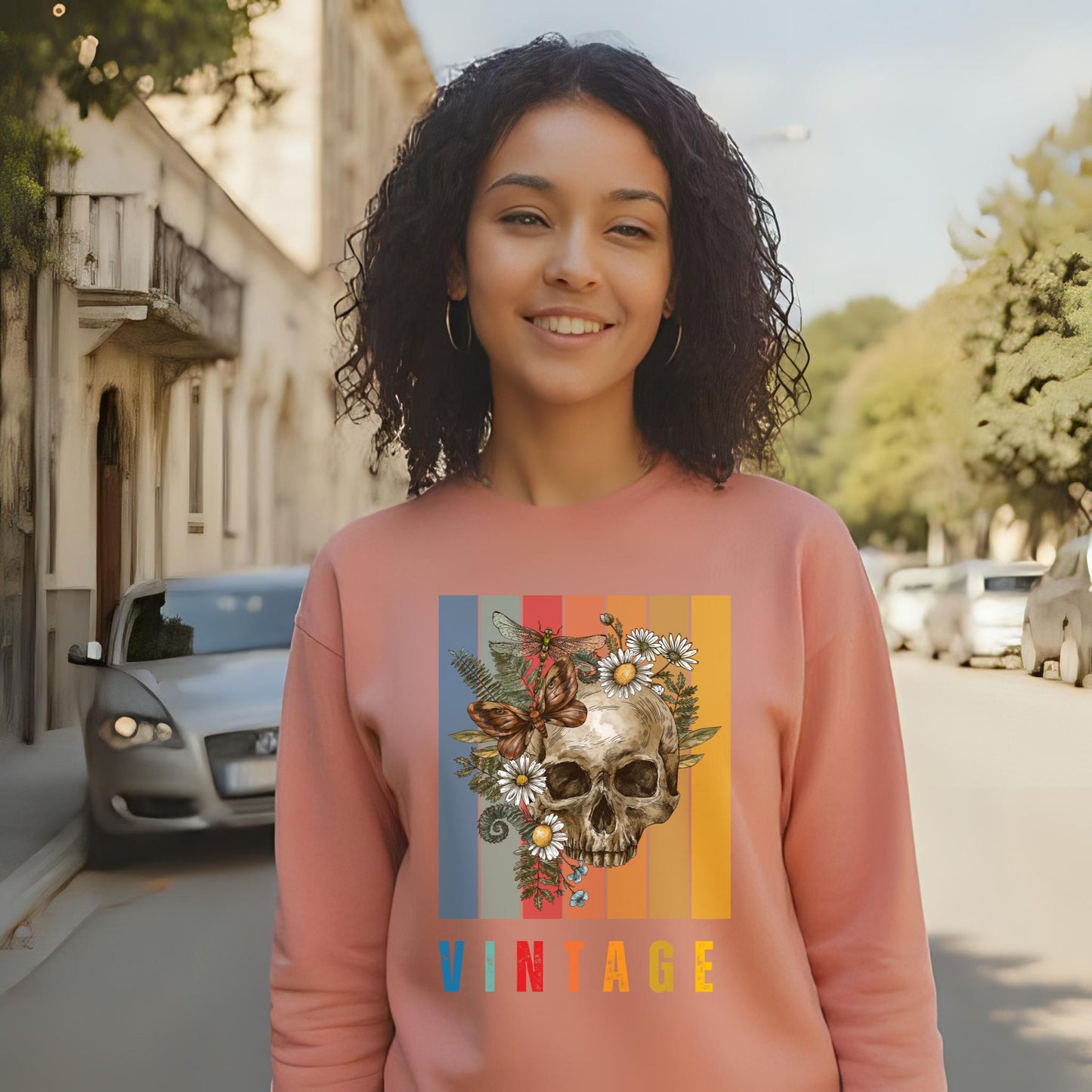 Vintage Skull & Butterfly Sweatshirt – Retro Aesthetic Floral Unisex Crewneck