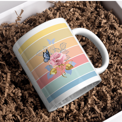 White Ceramic Mug with Color Bar Design | Floral Rose & Butterfly Rustic Art Coffee Cup