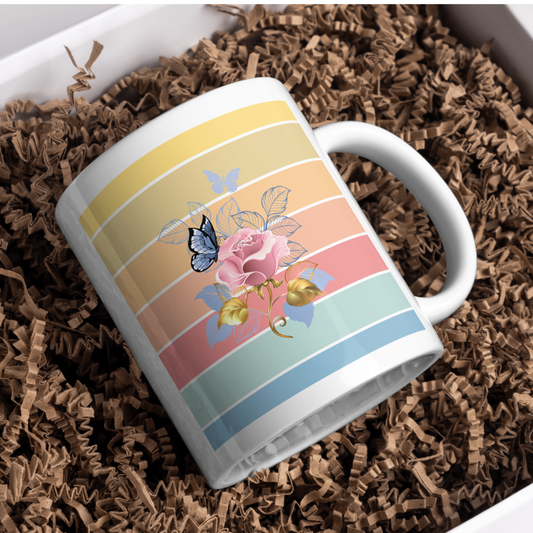 White Ceramic Mug with Color Bar Design | Floral Rose & Butterfly Rustic Art Coffee Cup