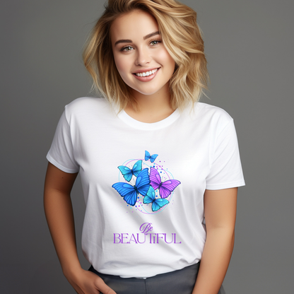 Be Beautiful Butterfly Graphic T-Shirt – Vibrant Blue & Purple (Light)
