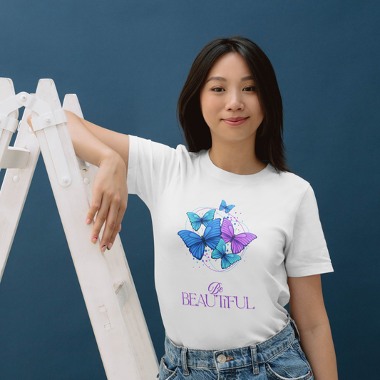 Be Beautiful Butterfly Graphic T-Shirt – Vibrant Blue & Purple (Light)