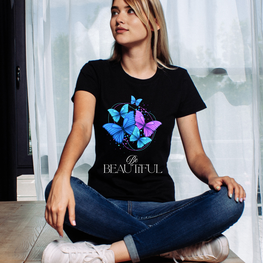 Be Beautiful Butterfly Graphic Cotton T-Shirt – Vibrant Blue & Purple (Dark)