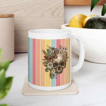 Floral Skull & Butterfly White Ceramic Mug – Vintage Boho Gothic Design