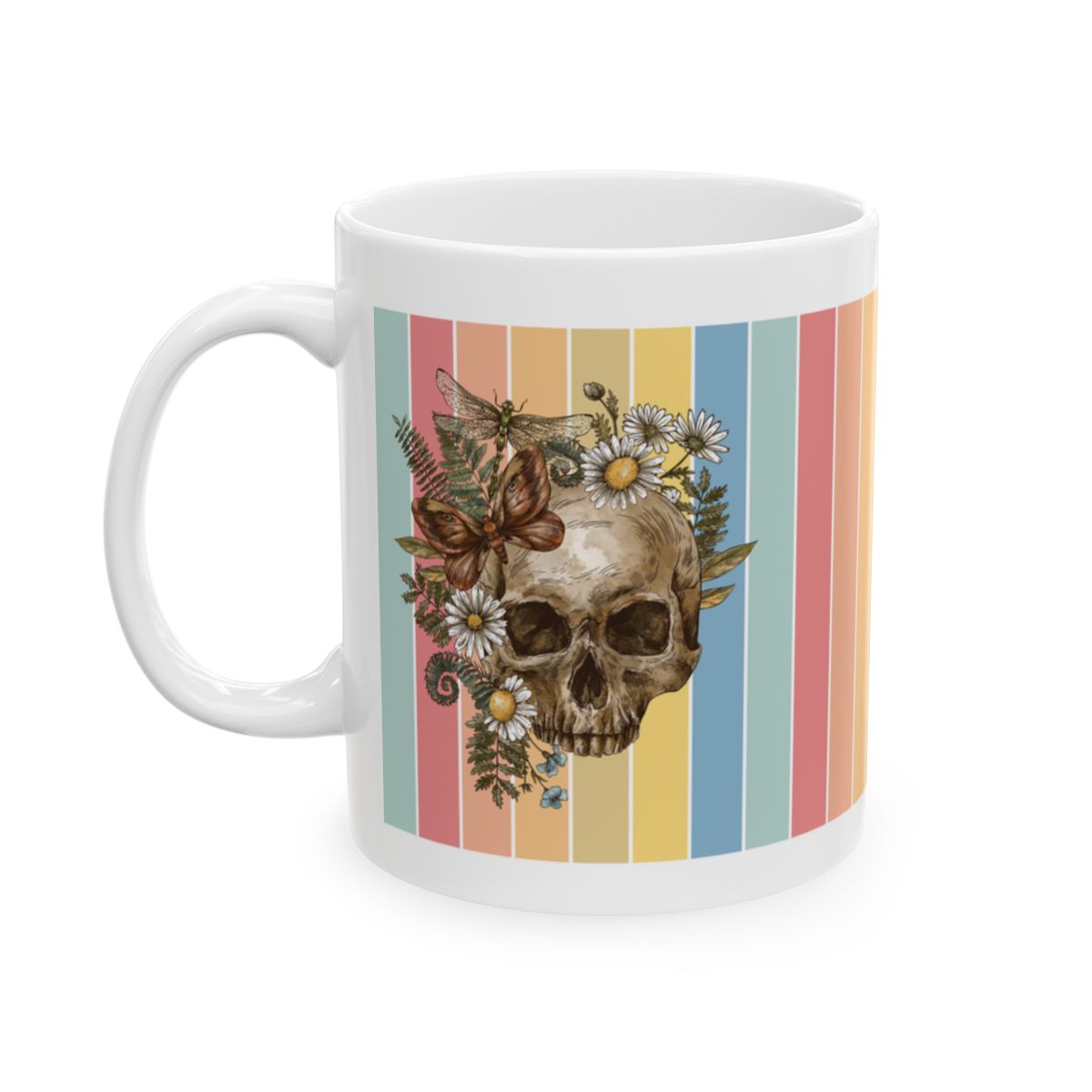 Floral Skull & Butterfly White Ceramic Mug – Vintage Boho Gothic Design