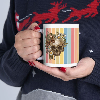Floral Skull & Butterfly White Ceramic Mug – Vintage Boho Gothic Design