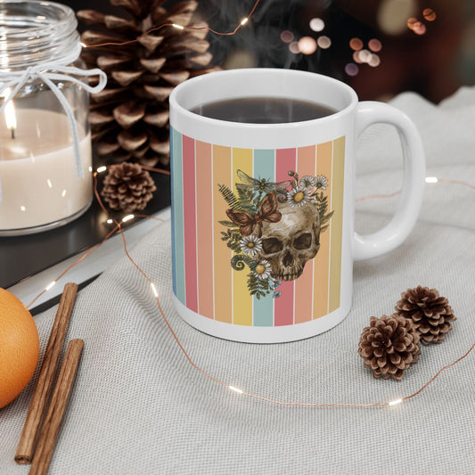 Floral Skull & Butterfly White Ceramic Mug – Vintage Boho Gothic Design