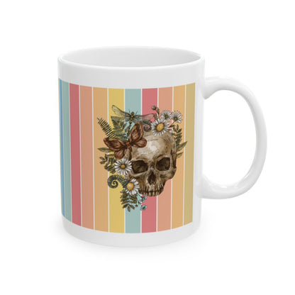 Floral Skull & Butterfly White Ceramic Mug – Vintage Boho Gothic Design