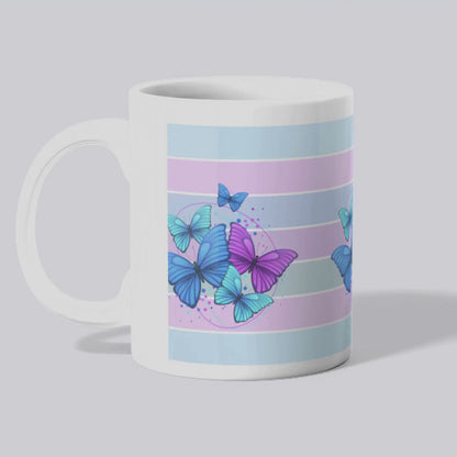 White Ceramic Mug with Blue & Purple Butterfly Design | Color Bar Coffee Cup for Nature & Art Lovers