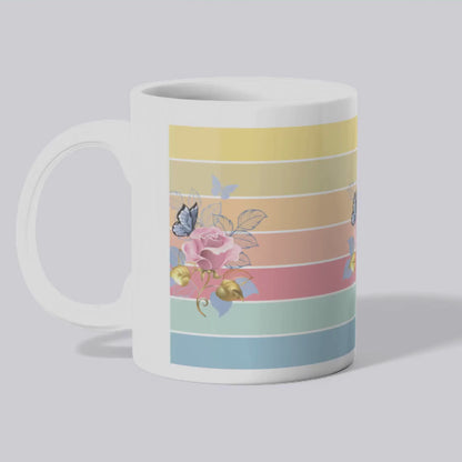 White Ceramic Mug with Color Bar Design | Floral Rose & Butterfly Rustic Art Coffee Cup